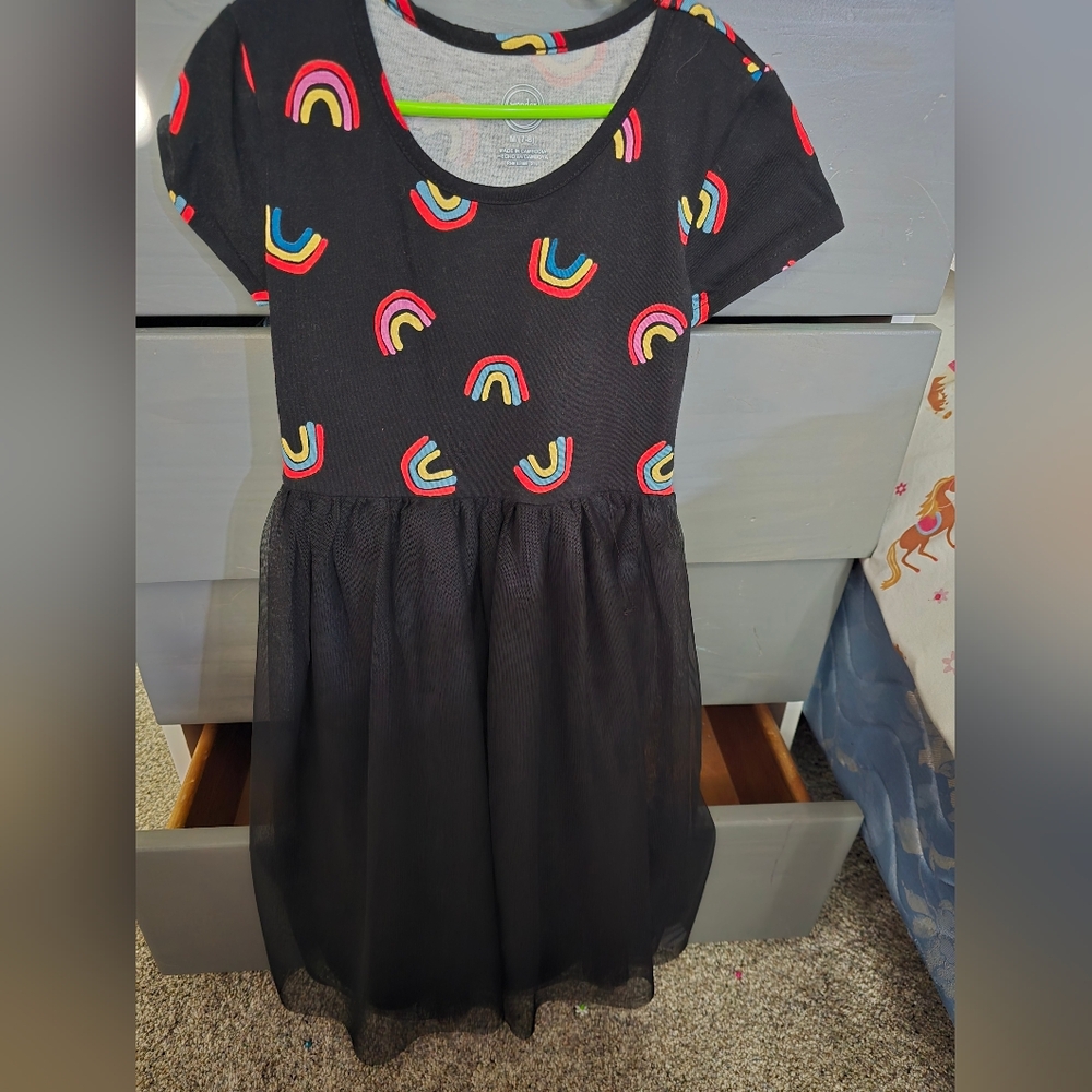 Girls Black Rainbow Print Tulle Dress (Med)